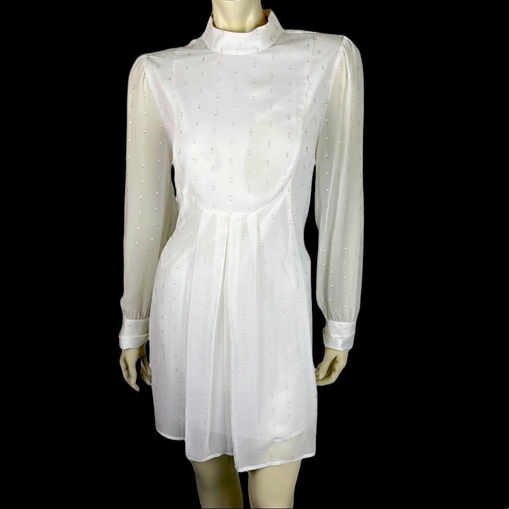 NWOT Catherine Malandrino Winter White/Silver Chiffon Babydoll Dress Size 10
